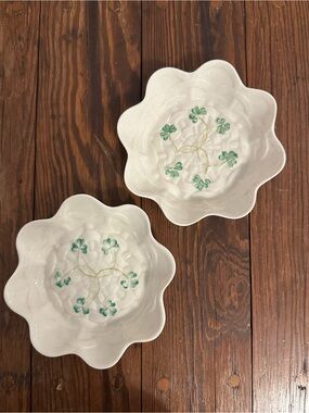 Two Belleek White Porcelain with Shamrock detail, salt/trinket bowls